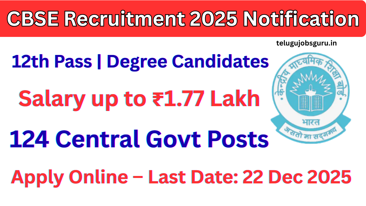 CBSE Recruitment 2025 featured image showing 124 central government job vacancies for 12th and degree candidates
