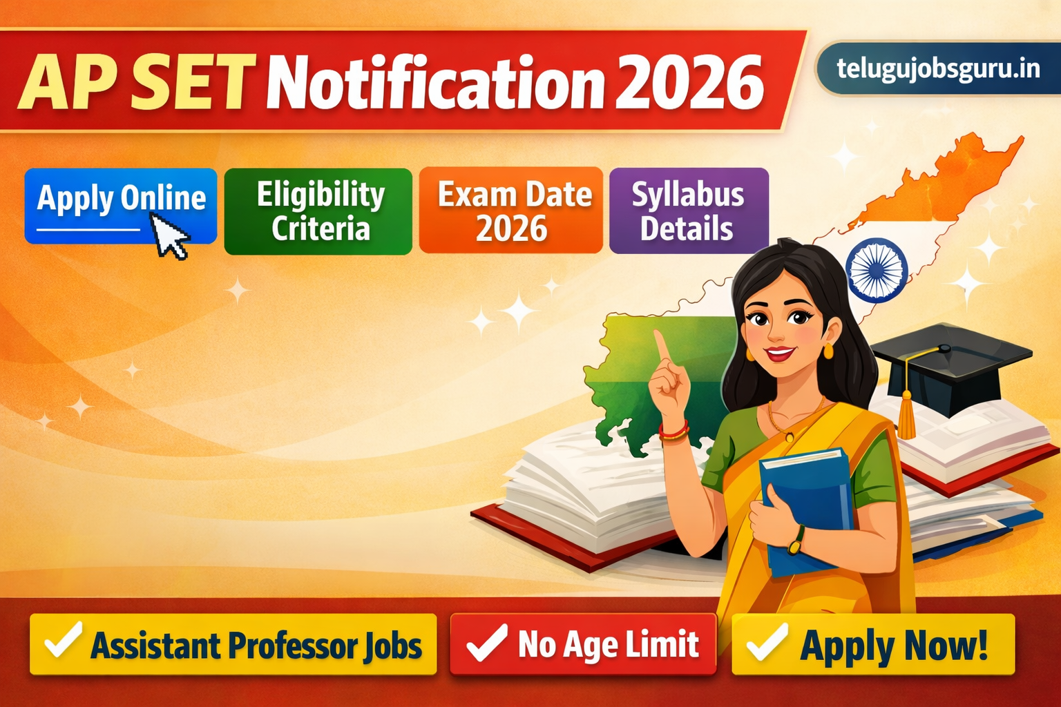 AP SET Notification 2026 apply online banner showing eligibility, exam date, syllabus and assistant professor jobs in Andhra Pradesh