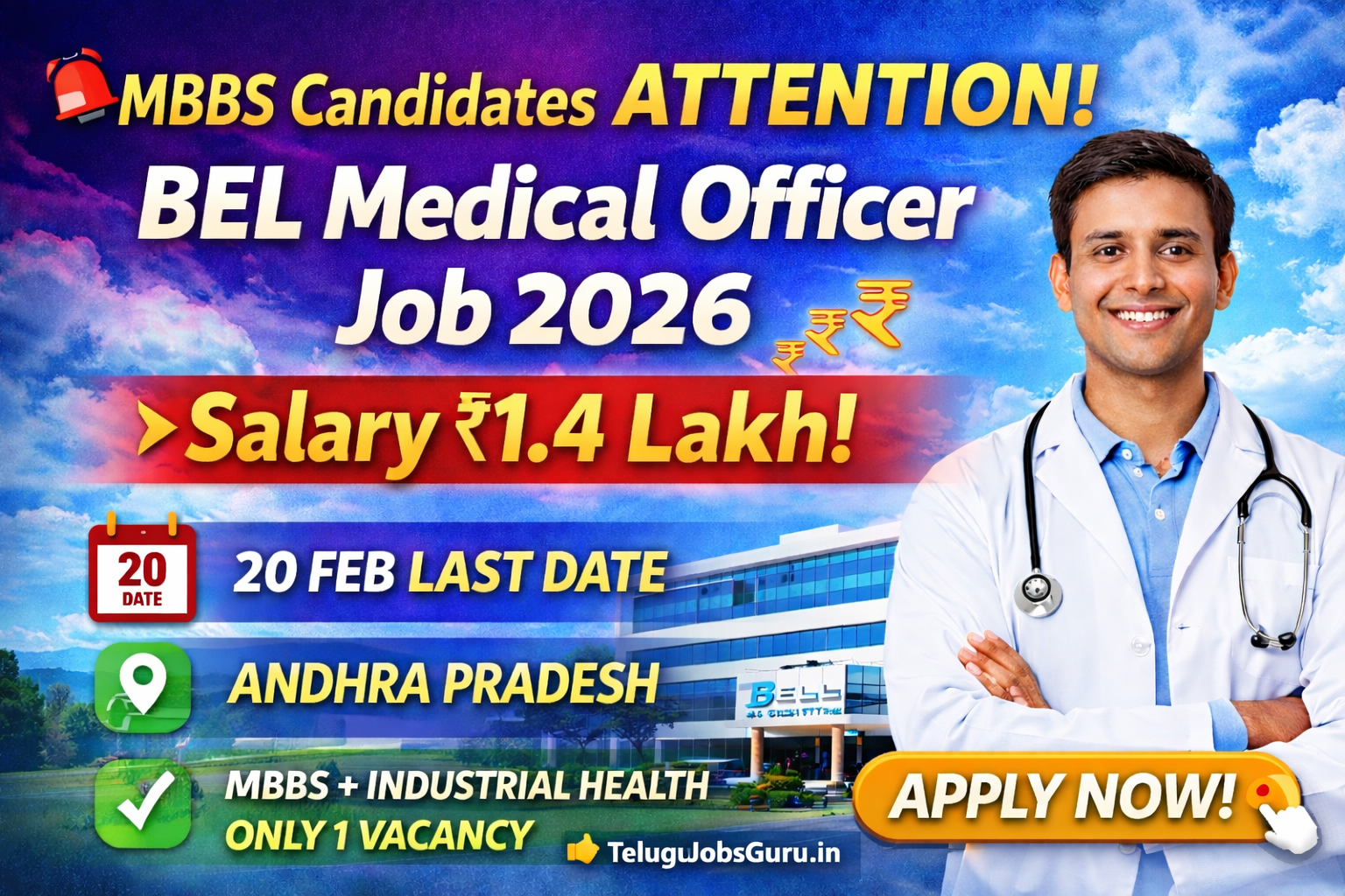 BEL Medical Officer Recruitment 2026 MBBS Government Job Apply Online Salary 1.4 Lakh TeluguJobsGuru