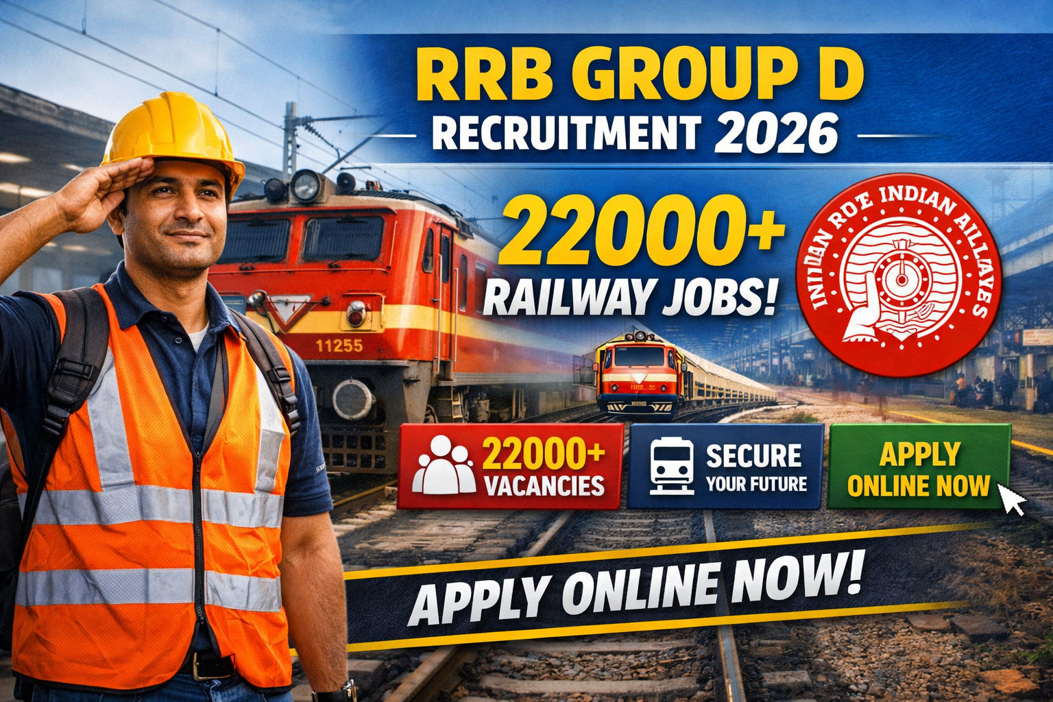 RRB Group D Recruitment 2026 featured image showing railway worker and train with 22000+ vacancies apply online