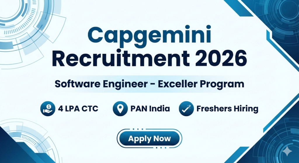Capgemini Recruitment 2026 banner for Software Engineer - Exceller Program hiring freshers with 4 LPA CTC across PAN India.