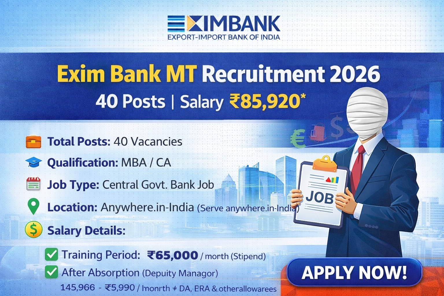 Exim Bank MT Recruitment 2026 – Central Government Bank Job with Salary up to ₹85,920