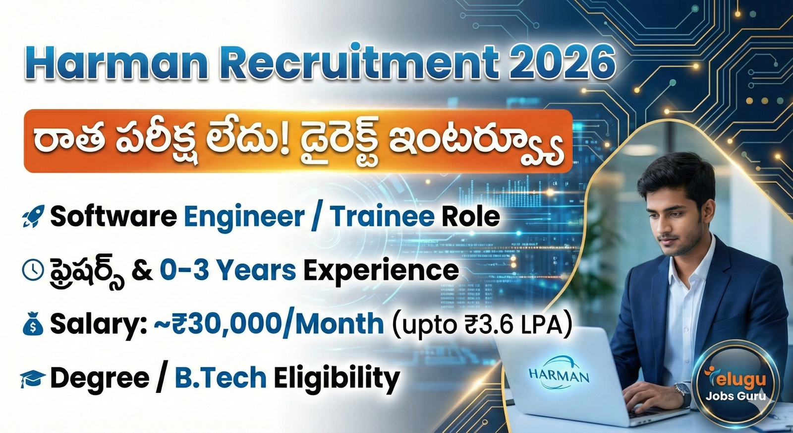 Harman Recruitment 2026 for Freshers - Software Engineer Trainee Jobs in Bangalore - No Written Exam - Telugu Jobs Guru