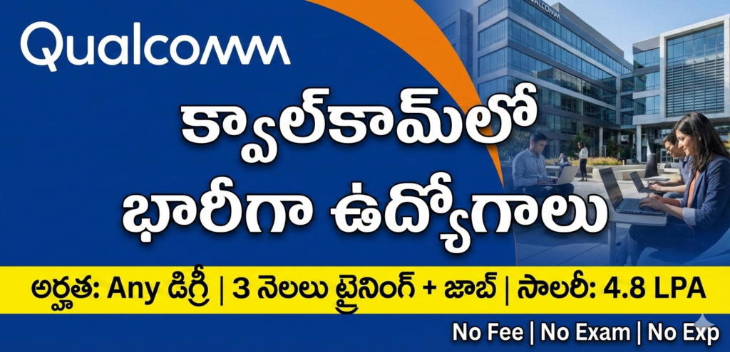 Qualcomm Recruitment 2026 banner for Any Degree with 4.8 LPA Salary and 3 Months Training.