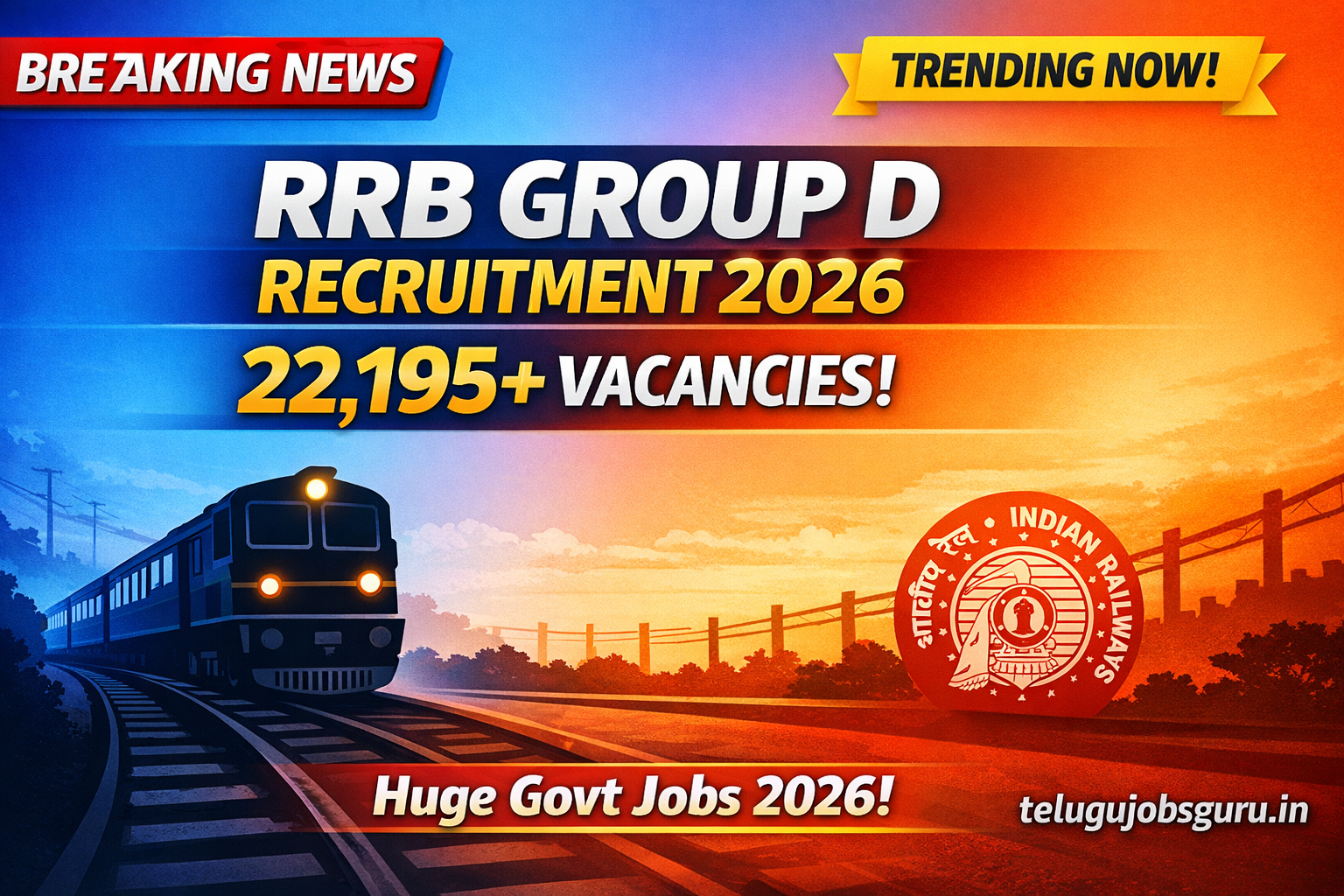 RRB Group D Recruitment 2026 notification banner showing 22,195+ vacancies with Indian Railways train graphic and TeluguJobsGuru website branding