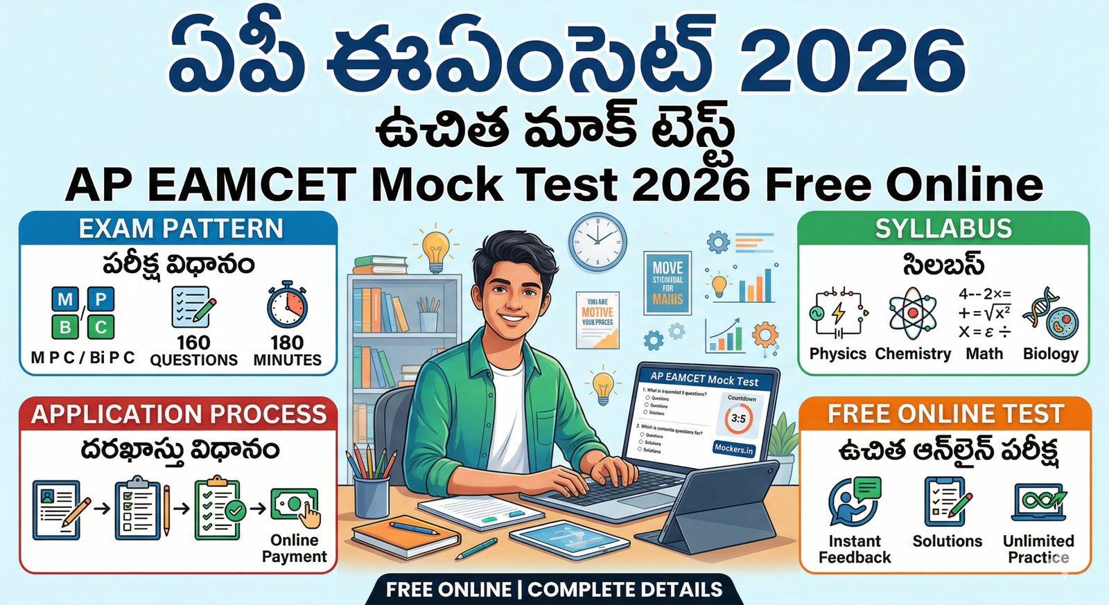 AP EAMCET Mock Test 2026 Free Online - Exam Pattern, Syllabus, and Application Process details in Telugu. A student practicing free EAPCET online exams on a laptop.