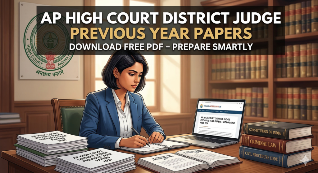 An illustration of a female candidate preparing for exams with law books, a laptop showing telugujobsguru.in, and stacks of AP High Court District Judge Previous Year Papers.