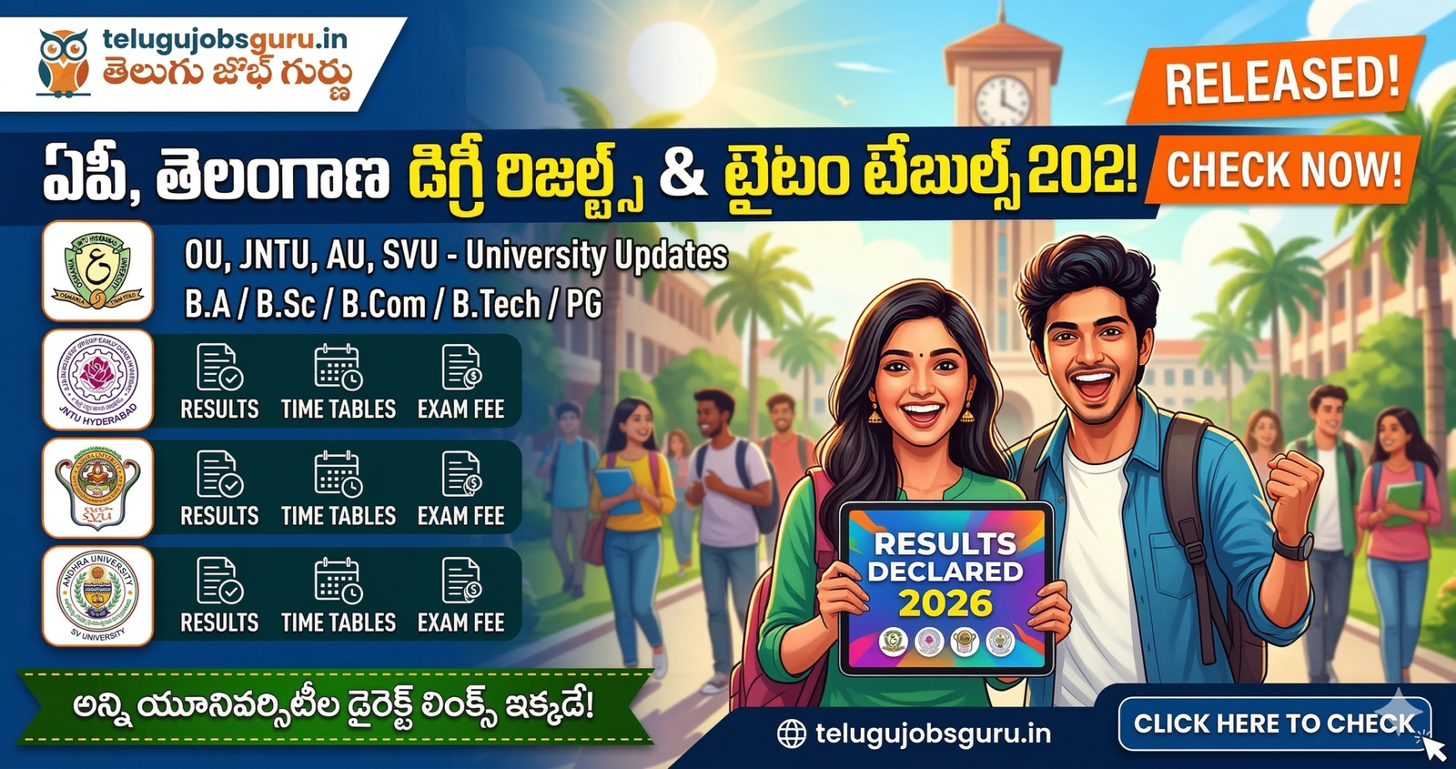 Excited students checking AP and TS Degree Results 2026 and time tables for OU, JNTU, AU, and SVU universities on telugujobsguru.in.