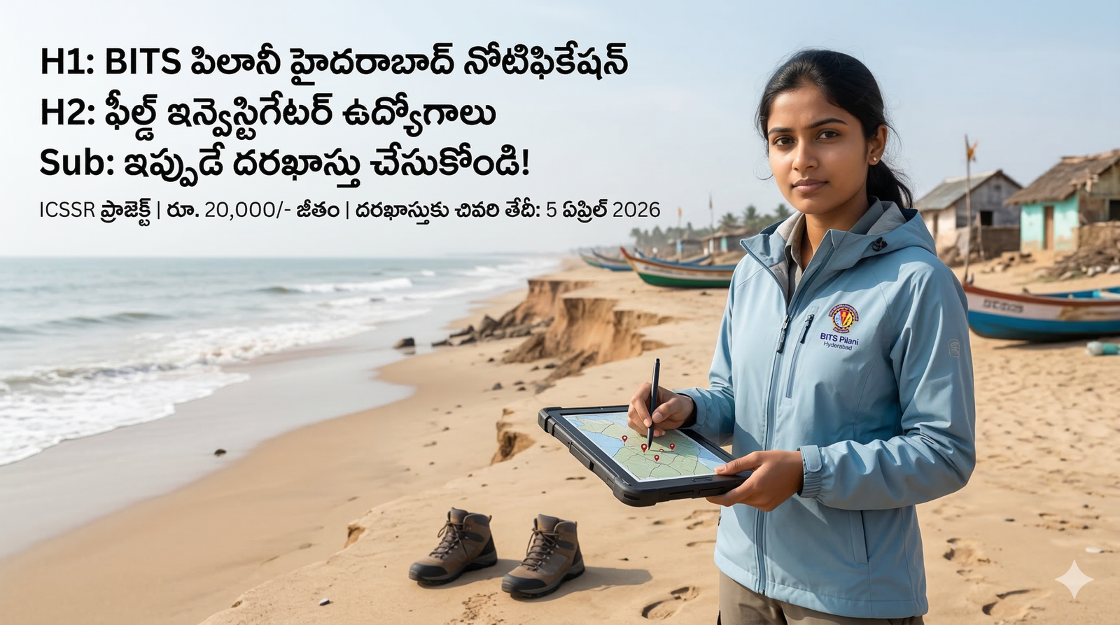 A female researcher doing fieldwork on a beach holding a tablet, representing the BITS Pilani Hyderabad Field Investigator job notification 2026.