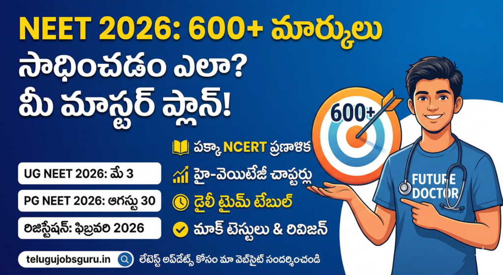 NEET 2026 పరీక్షా తేదీలు మరియు 600+ మార్కులు సాధించే ప్రిపరేషన్ ప్లాన్ వివరిస్తున్న ఇన్ఫోగ్రాఫిక్ ఇమేజ్. ఇందులో UG, PG పరీక్షల వివరాలు మరియు ప్రిపరేషన్ టిప్స్ ఉన్నాయి.
