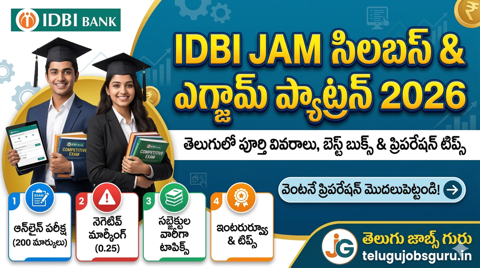 IDBI Bank JAM Syllabus 2026 in Telugu and Exam Pattern details. Image shows section-wise marks, negative marking rules, and preparation tips for 1100 Junior Assistant Manager posts.