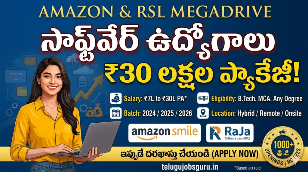 A high-impact recruitment banner for "Amazon & RSL Mega Drive" on the website telugujobsguru.in. The image features a bold, large Telugu headline: "సాఫ్ట్‌వేర్ ఉద్యోగాలు ₹30 లక్షల ప్యాకేజీ!" (Software Jobs ₹30 Lakhs Package!). On the left, a professional woman in a yellow shirt works on a laptop. The center displays key details: "Salary: ₹7L to ₹30L PA*", "Eligibility: B.Tech, MCA, Any Degree", "Batch: 2024 / 2025 / 2026", and "Location: Hybrid / Remote / Onsite". Logos for "Amazon Smile" and "Raja Software Labs (RSL)" are prominently placed. A gold badge on the right highlights "1000+ Openings" and "No Fees". At the bottom, a call to action in Telugu says "ఇప్పుడే దరఖాస్తు చేయండి (APPLY NOW)" with the website URL telugujobsguru.in.