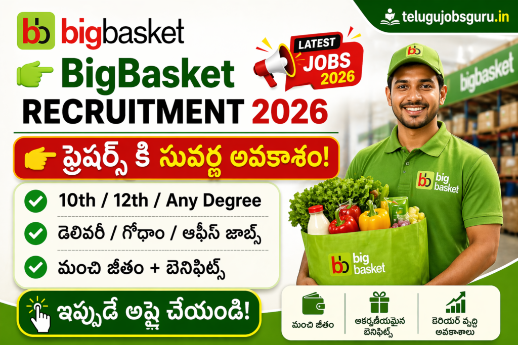 BigBasket Recruitment 2026 Telugu job notification for freshers and experienced candidates with delivery, warehouse, and office job opportunities