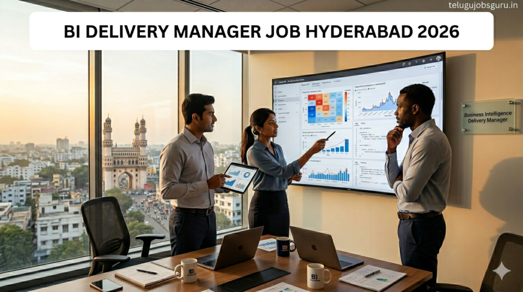 A professional team analyzing BI dashboards in a modern Hyderabad office with a view of the Charminar, representing a BI Delivery Manager job role.