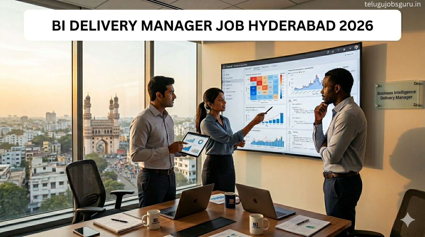 A professional team analyzing BI dashboards in a modern Hyderabad office with a view of the Charminar, representing a BI Delivery Manager job role.