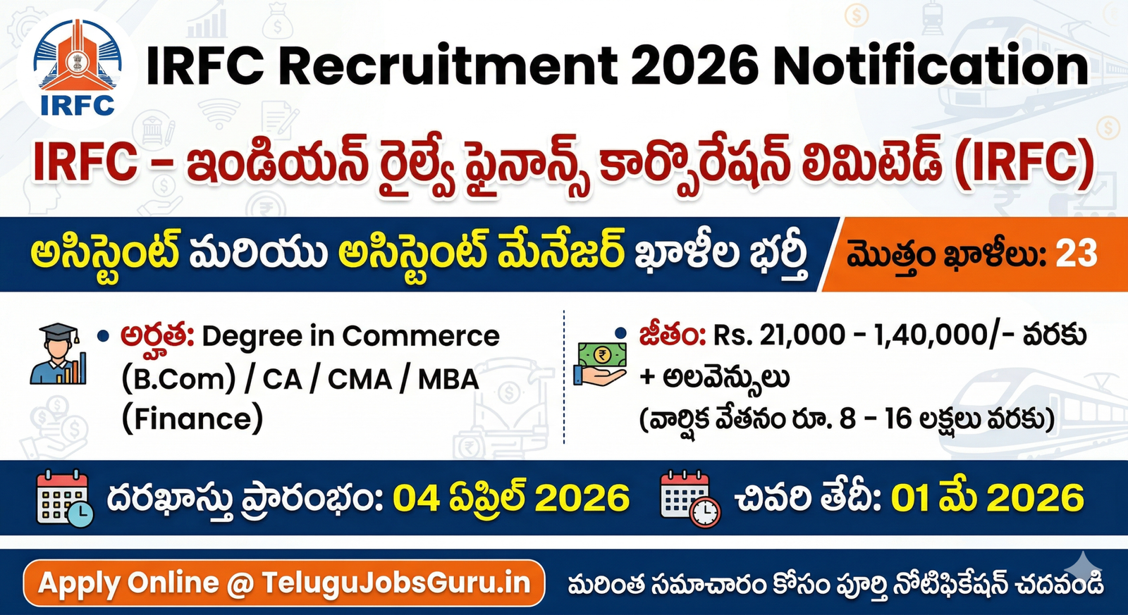 IRFC Assistant and Assistant Manager Recruitment 2026 Notification Details Apply Online TeluguJobsGuru