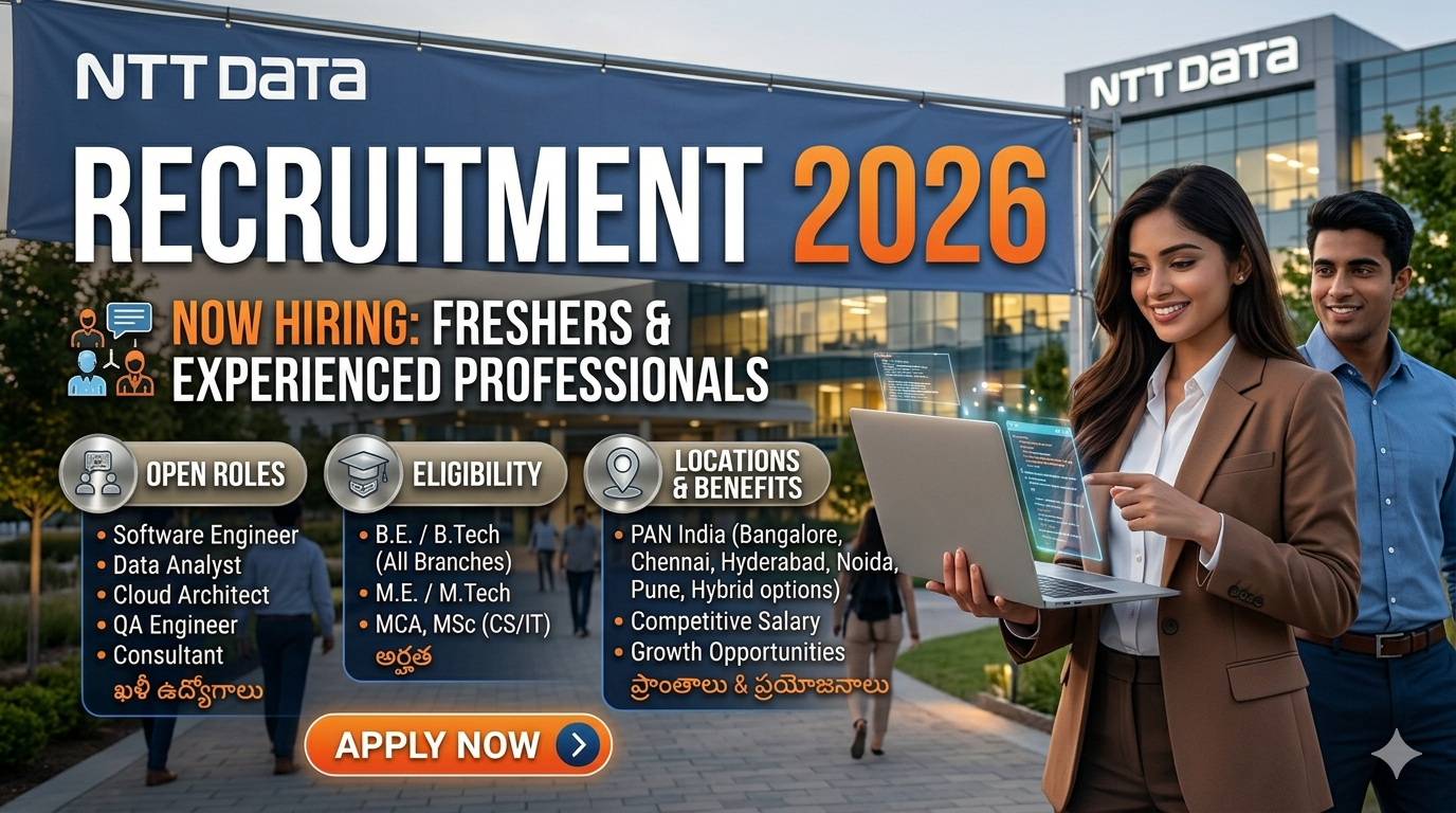 NTT Data Recruitment 2026 for freshers and experienced professionals featuring modern office background and Telugu text highlights.