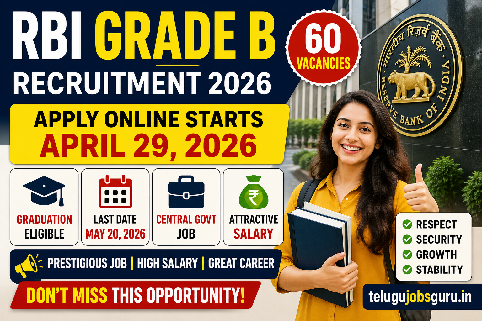 RBI Grade B Recruitment 2026 apply online start April 29 notification with 60 vacancies government job image