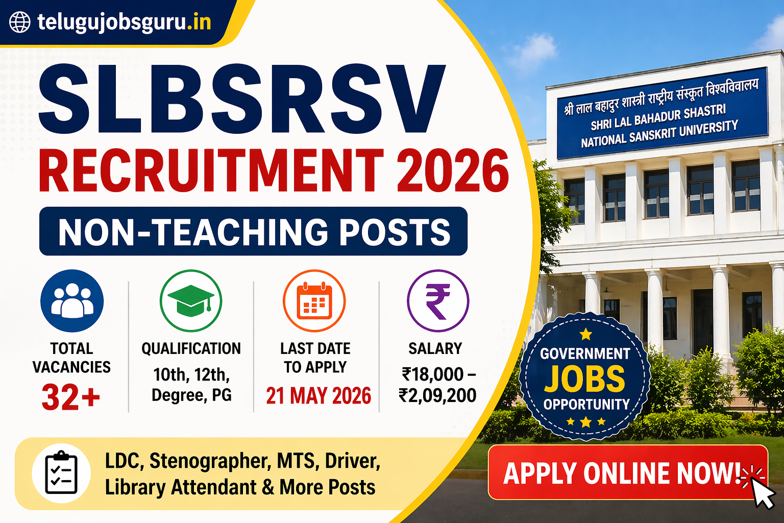 SLBSRSV Recruitment 2026 notification image showing non-teaching posts, vacancies, salary details and last date to apply
