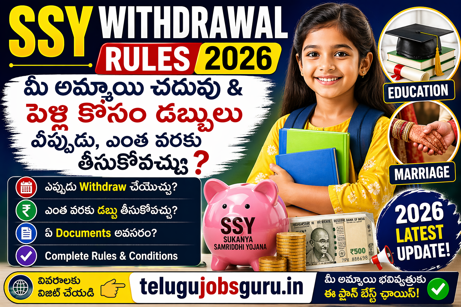 SSY Withdrawal Rules 2026 Telugu image showing Sukanya Samriddhi Yojana withdrawal for girl child education and marriage with piggy bank and student