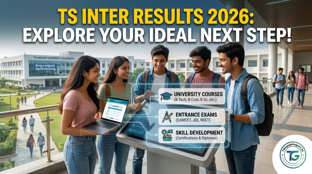 Students exploring career paths, university courses, and entrance exams on a digital board after TS Inter Results 2026.