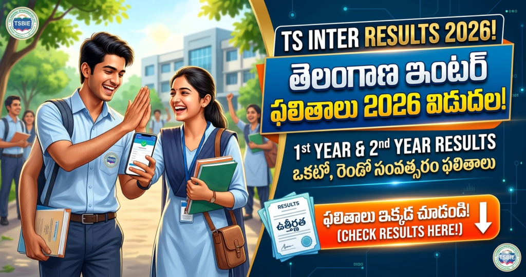 Happy students checking TS Inter 1st and 2nd Year Results 2026 on a mobile phone with TSBIE logo and Telugu text.