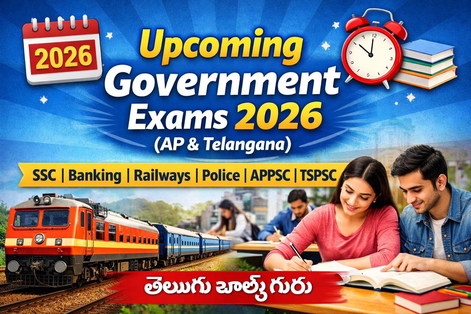 Upcoming Government Exams 2026 AP Telangana thumbnail with SSC Banking Railways Police APPSC TSPSC and students studying