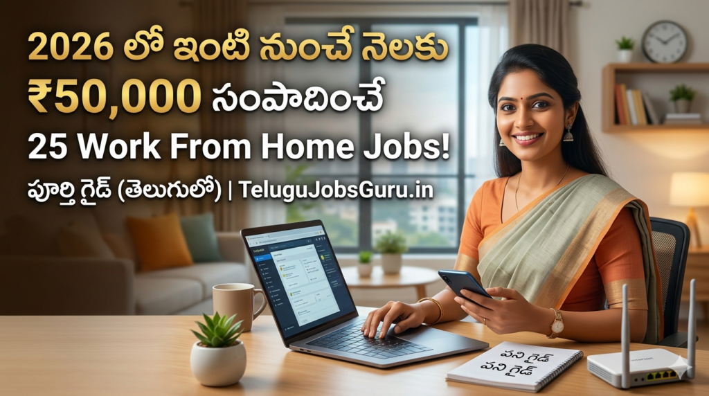 A woman working from home on a laptop with Telugu text about 25 work from home jobs 2026