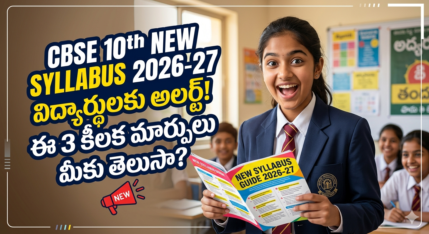 Indian school girl student surprised by CBSE 10th Class New Syllabus 2026-27 changes in a classroom setting with Telugu text overlay.