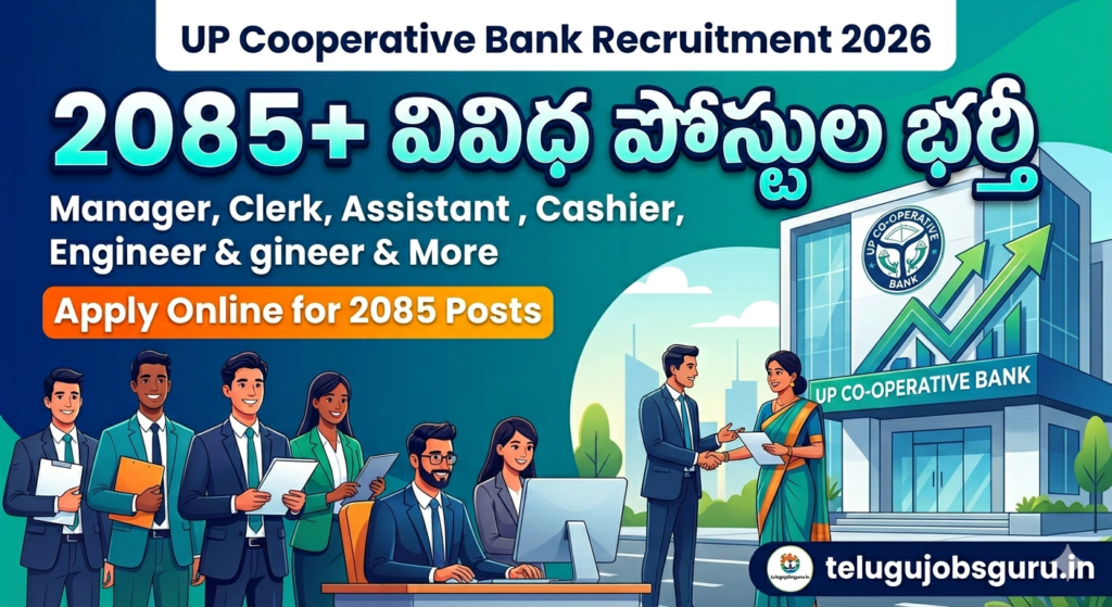 UP Cooperative Bank Recruitment 2026 Notification for 2085 Manager and Clerk Posts in Telugu.