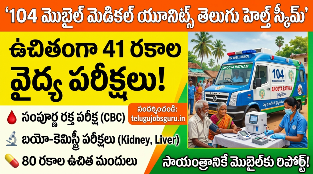 AP 104 మొబైల్ మెడికల్ యూనిట్స్ పోస్టర్ – ఉచితంగా 41 రకాల వైద్య పరీక్షలు, CBC, కిడ్నీ మరియు లివర్ టెస్టులు అందిస్తున్న ఆంధ్రప్రదేశ్ ఆరోగ్య సేవలు.