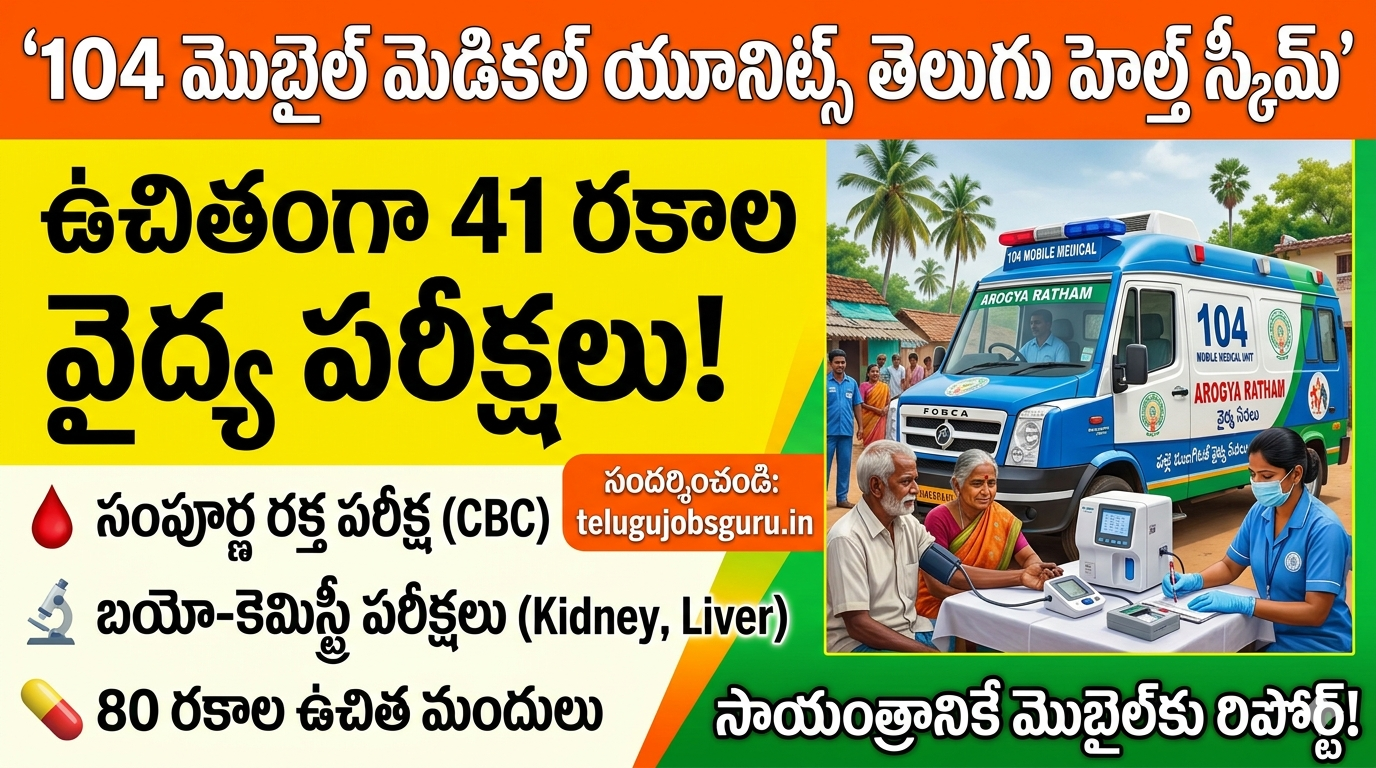 AP 104 మొబైల్ మెడికల్ యూనిట్స్ పోస్టర్ – ఉచితంగా 41 రకాల వైద్య పరీక్షలు, CBC, కిడ్నీ మరియు లివర్ టెస్టులు అందిస్తున్న ఆంధ్రప్రదేశ్ ఆరోగ్య సేవలు.