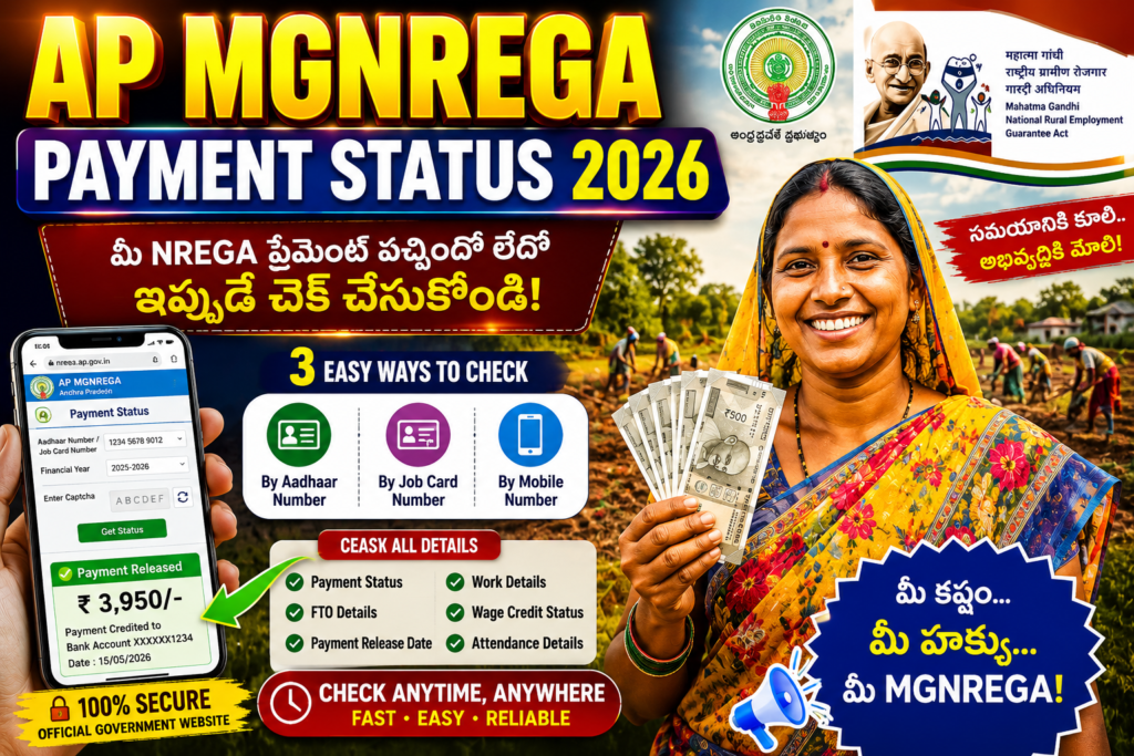 AP MGNREGA Payment Status 2026 featured image showing Andhra Pradesh NREGA workers, online payment check methods, Aadhaar and Job Card verification, and payment release details.