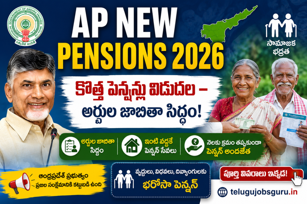 AP New Pensions 2026 featured image showing Andhra Pradesh pension scheme update with Chandrababu Naidu and senior citizens holding pension cards.