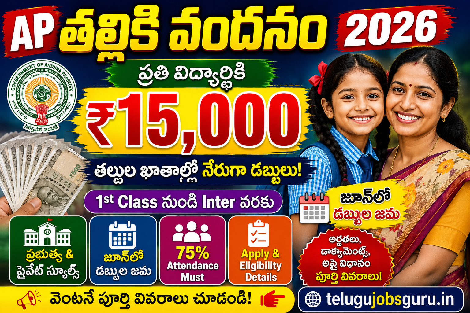 AP Thalliki Vandanam Scheme 2026 featured image showing ₹15,000 financial assistance for students with mother and school child in Telugu poster design.