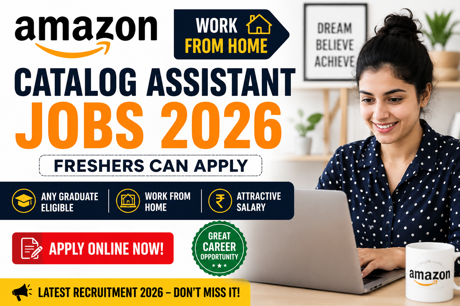 Amazon Catalog Assistant Work From Home Jobs 2026 featured image showing fresher recruitment, remote job opportunity, attractive salary, and online apply details.