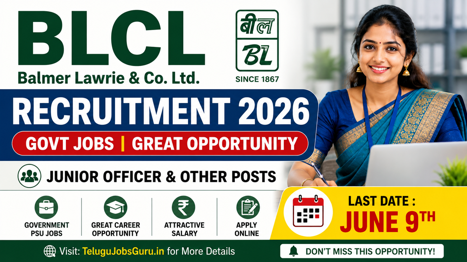BLCL Recruitment 2026 featured image showing Balmer Lawrie government jobs notification with junior officer vacancies and last date details