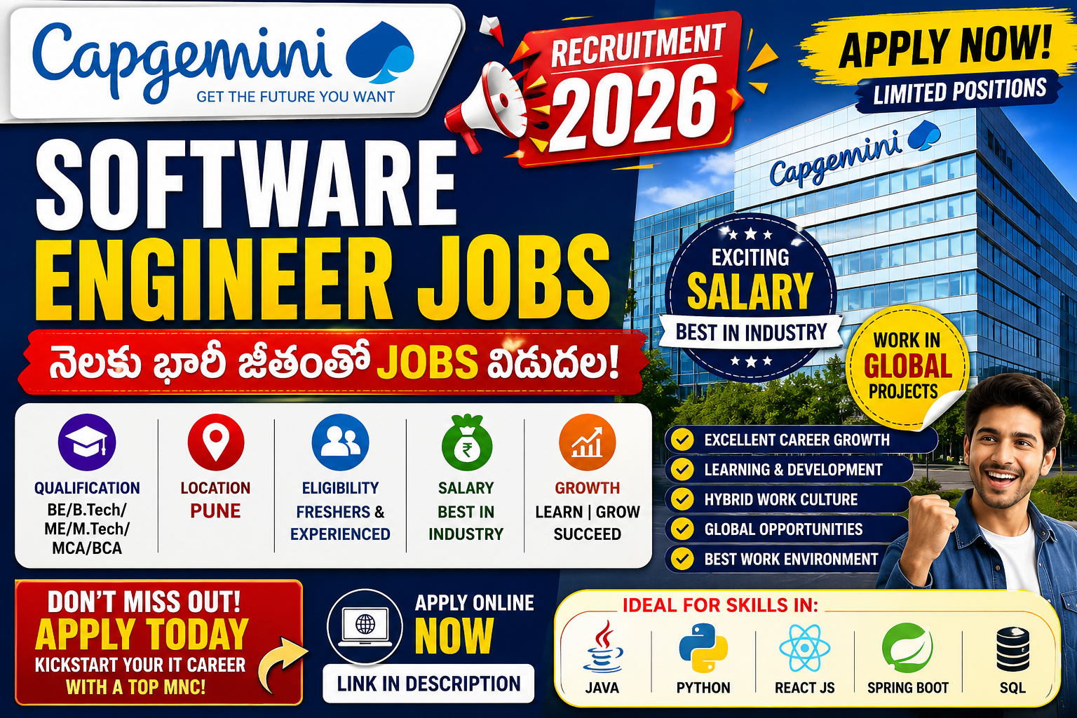 Capgemini Recruitment 2026 Software Engineer Jobs banner for freshers and experienced candidates with high salary opportunities in Pune.