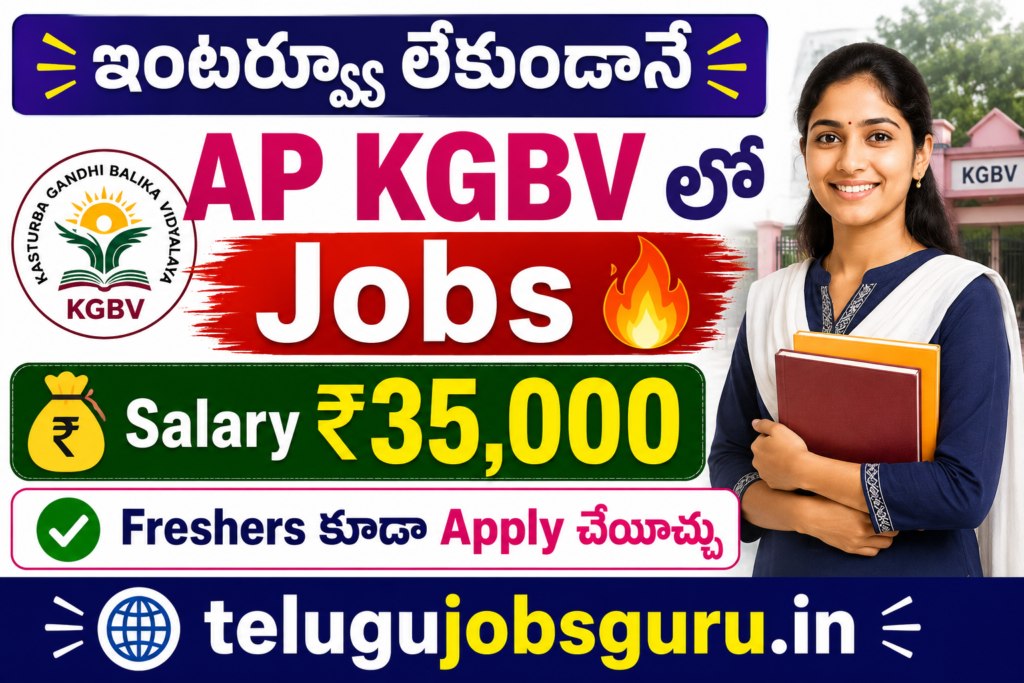 AP KGBV Recruitment 2026 featured image showing freshers jobs, ₹35,000 salary, and interview-free recruitment opportunity for women candidates.