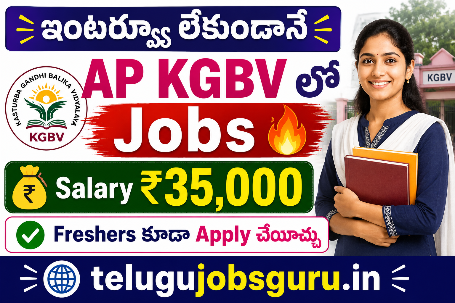 AP KGBV Recruitment 2026 featured image showing freshers jobs, ₹35,000 salary, and interview-free recruitment opportunity for women candidates.