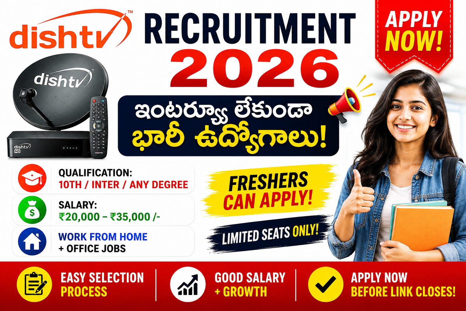 Dish TV Recruitment 2026 featured image showing freshers job opportunity with salary up to ₹35,000, work from home and office jobs, and easy selection process in Telugu.