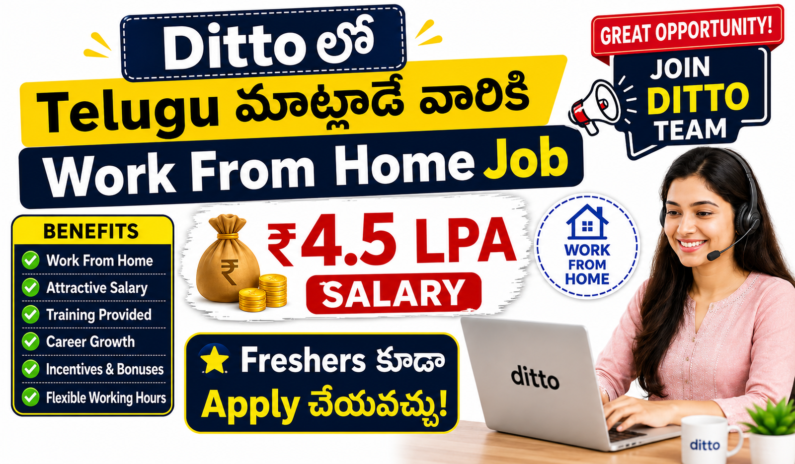 Ditto Insurance Work From Home Job 2026 featured image for Telugu speakers with ₹4.5 LPA salary and freshers eligibility