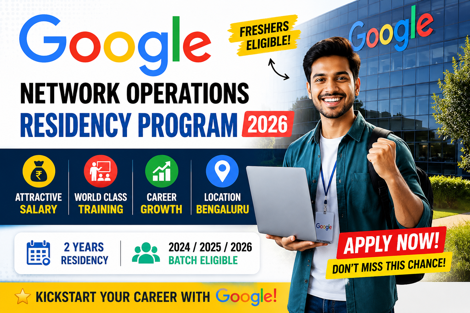 Google Network Operations Residency Program 2026 featured image for freshers with salary, training, and career growth opportunity in Bengaluru.