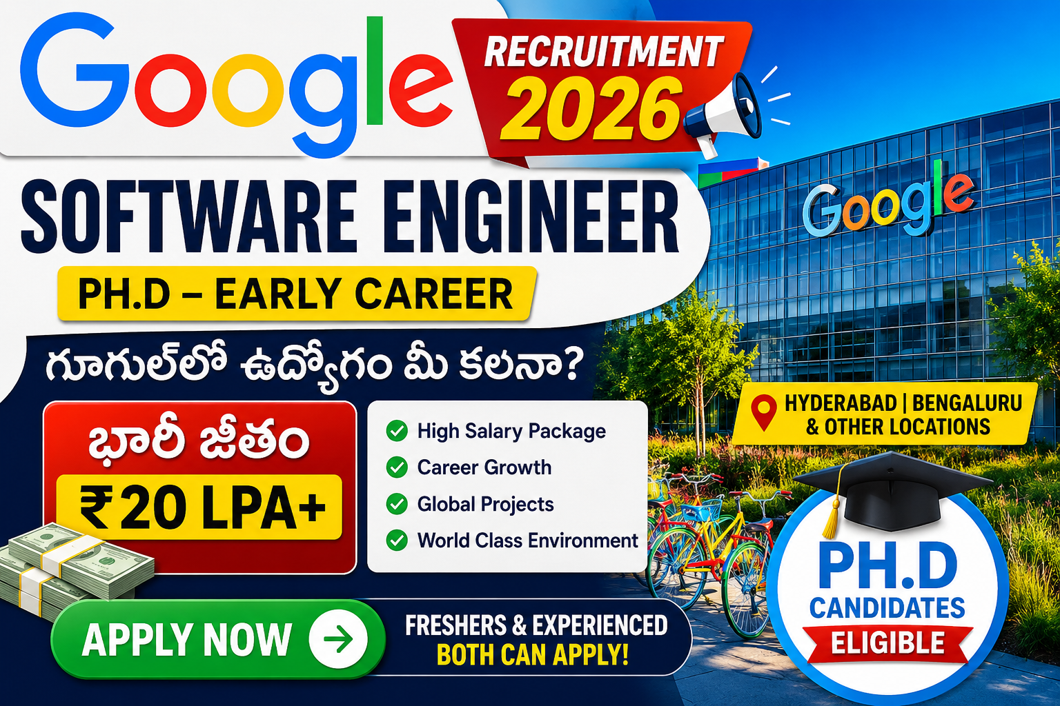 Google Recruitment 2026 featured image showing Software Engineer jobs with high salary package, Hyderabad and Bengaluru locations, PhD candidates eligibility, and fresher hiring details.