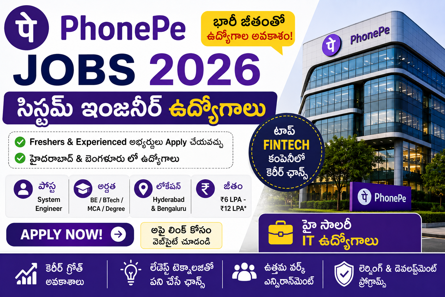 PhonePe Jobs 2026 Telugu featured image showing System Engineer jobs for freshers and experienced candidates with high salary IT job details in Hyderabad and Bengaluru.