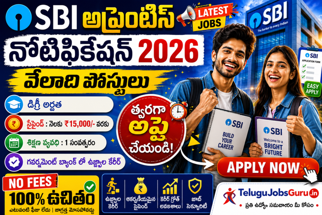SBI Apprentice Recruitment 2026 featured image in Telugu showing no application fees, degree eligibility, ₹15,000 stipend, latest SBI jobs notification, and apply now banner with happy students.