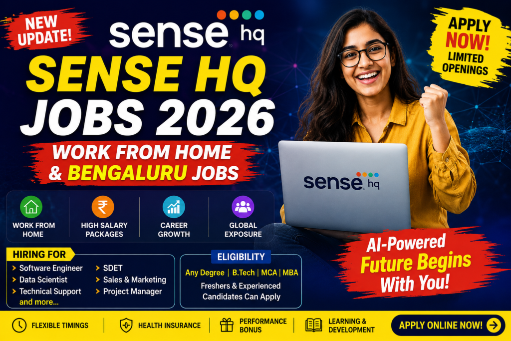 Sense HQ Jobs 2026 featured image showing Work From Home and Bengaluru IT job opportunities with high salary packages for freshers and experienced candidates.