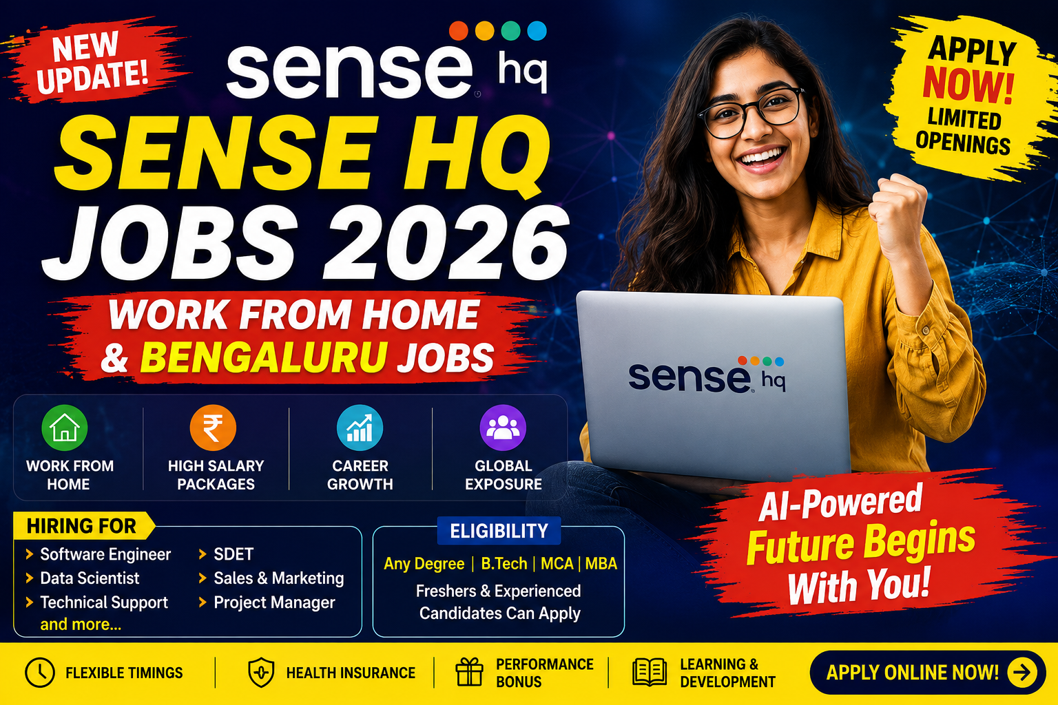 Sense HQ Jobs 2026 featured image showing Work From Home and Bengaluru IT job opportunities with high salary packages for freshers and experienced candidates.