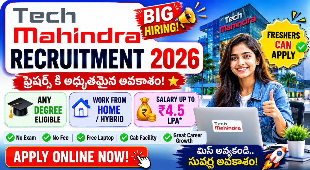 Tech Mahindra Recruitment 2026 featured image showing fresher job opportunity with work from home, ₹4.5 LPA salary, any degree eligibility, and online apply details in Telugu and English.
