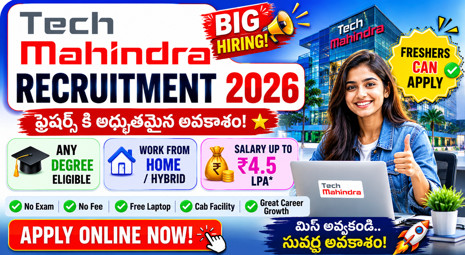Tech Mahindra Recruitment 2026 featured image showing fresher job opportunity with work from home, ₹4.5 LPA salary, any degree eligibility, and online apply details in Telugu and English.